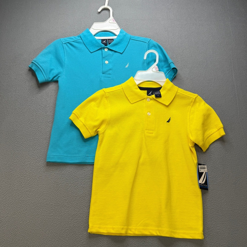 Lot of 2 Nautica Polo Shirts Boys 6 Aqua/Yellow 100% Cotton Pique Preppy NWT